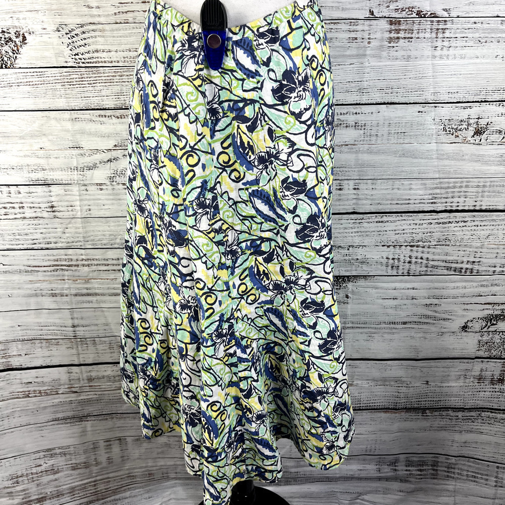 JM Collection Skirt 16 Petite Blue Green Yellow Floral Linen Calf Midi Hawaii - Picture 12 of 13